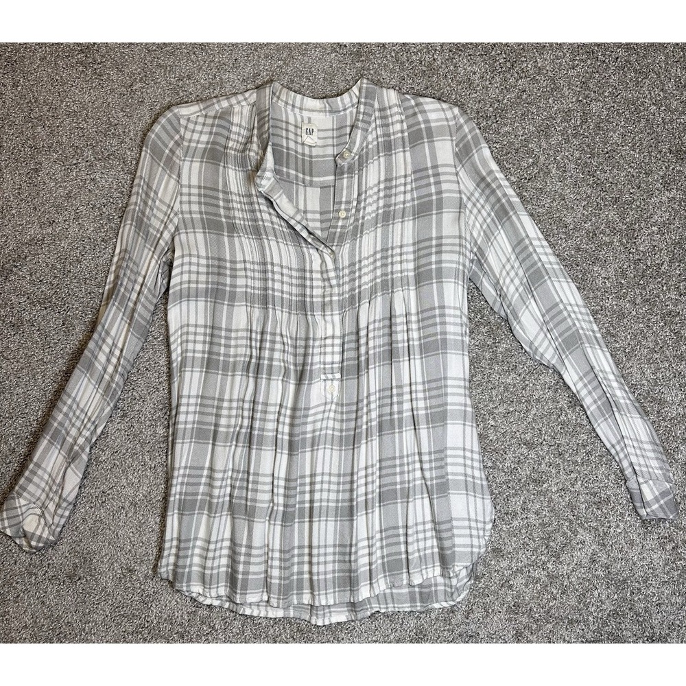 GAP Women's Medium Gray White Plaid Popover Blouse Long Sleeve Casual Shirt